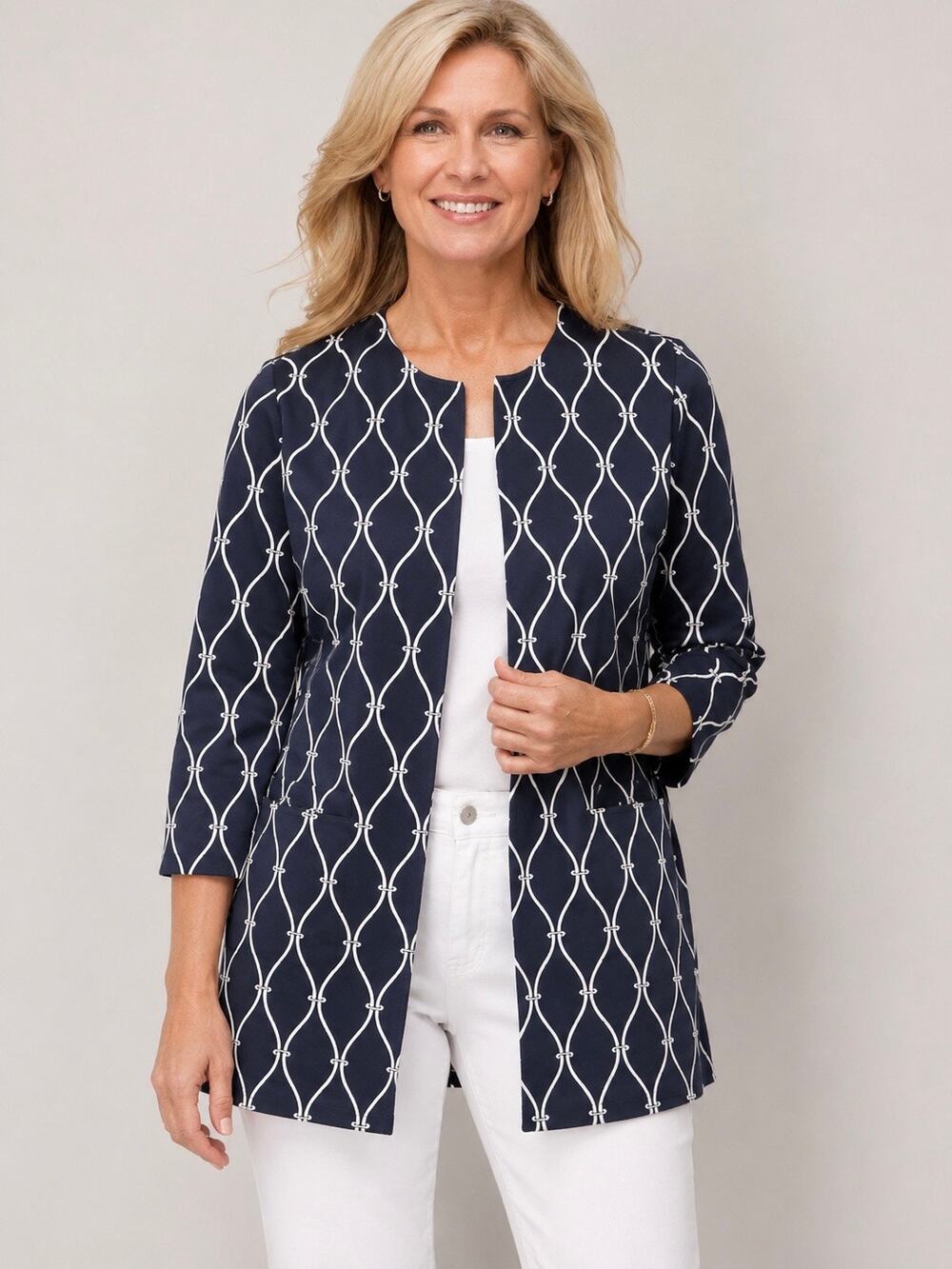 Talbots Women’s Size 12 Navy White Cotton Stretch Open Front Jacket 3/4 Sleeve